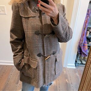 Vintage Wool Cashmere Plaid Coat Hooded Toggle zip closure jacket size XL